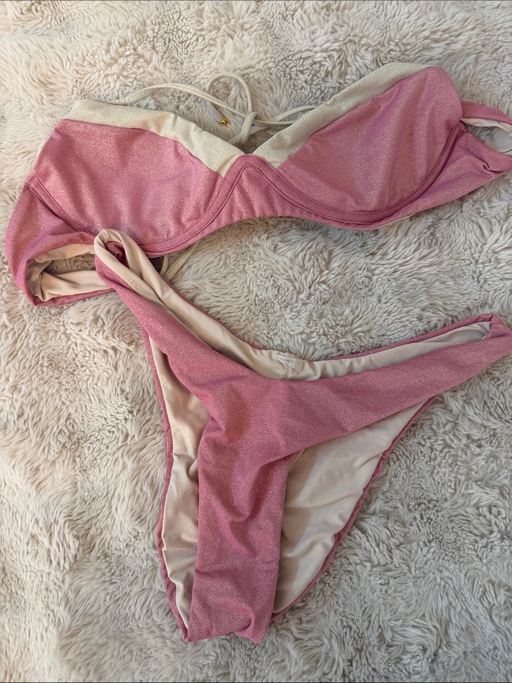 PQ Swim Shimmery Pink wired cup top (M) Bikini with high leg cheeky bottom (S)